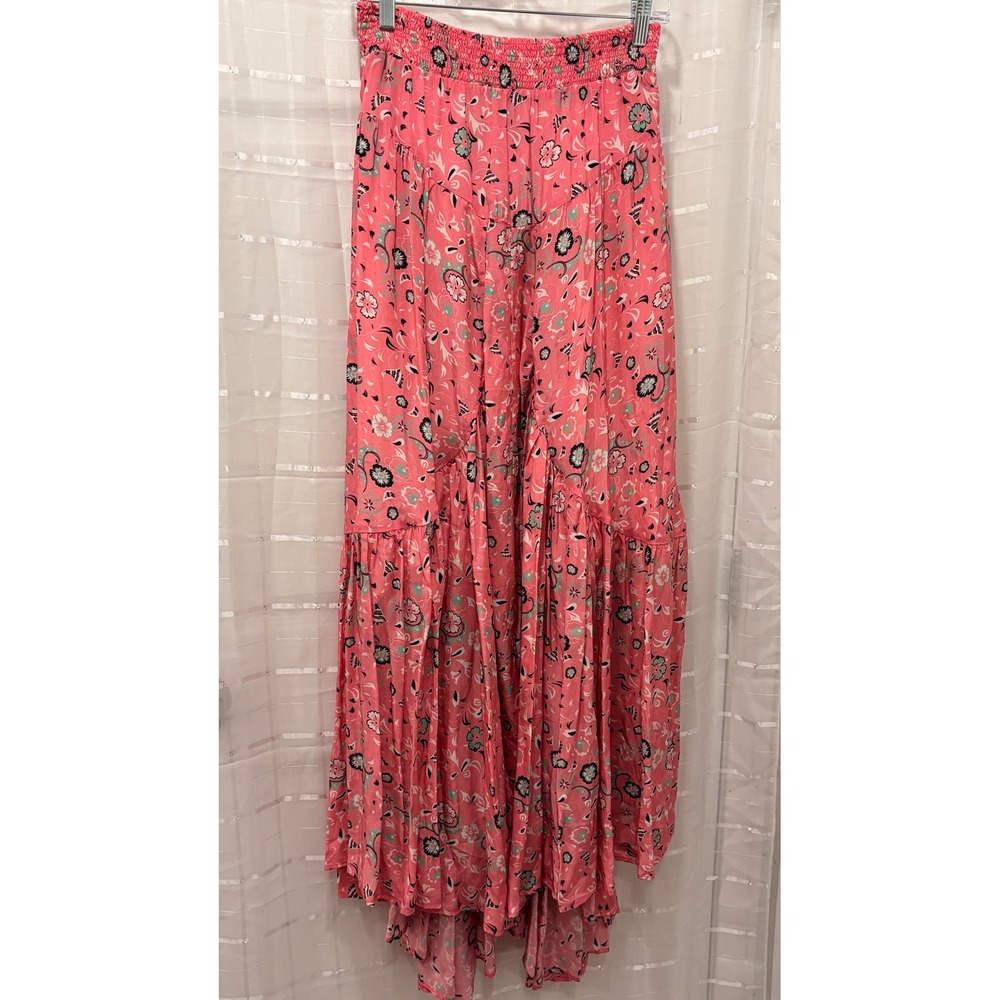 Mimi Liberte Michel Klein Pink Floral Silk Maxi Skirt Smocked Tiered Size 36 NEW